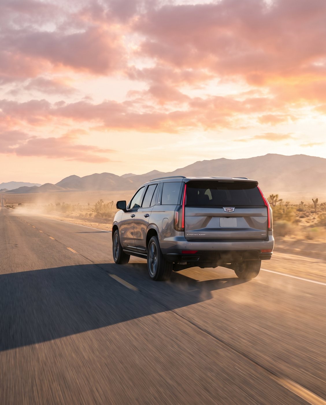 SUV on a desert highway at sunrise