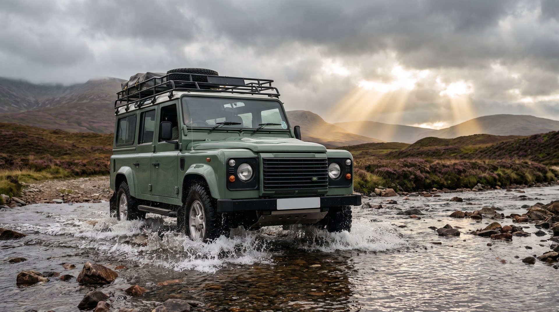 Green 4x4 crossing a highland river