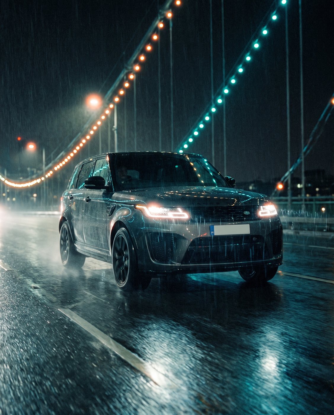 SUV crossing a bridge in the rain at night