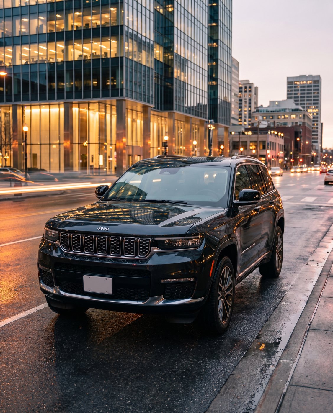 SUV on a downtown street at dusk