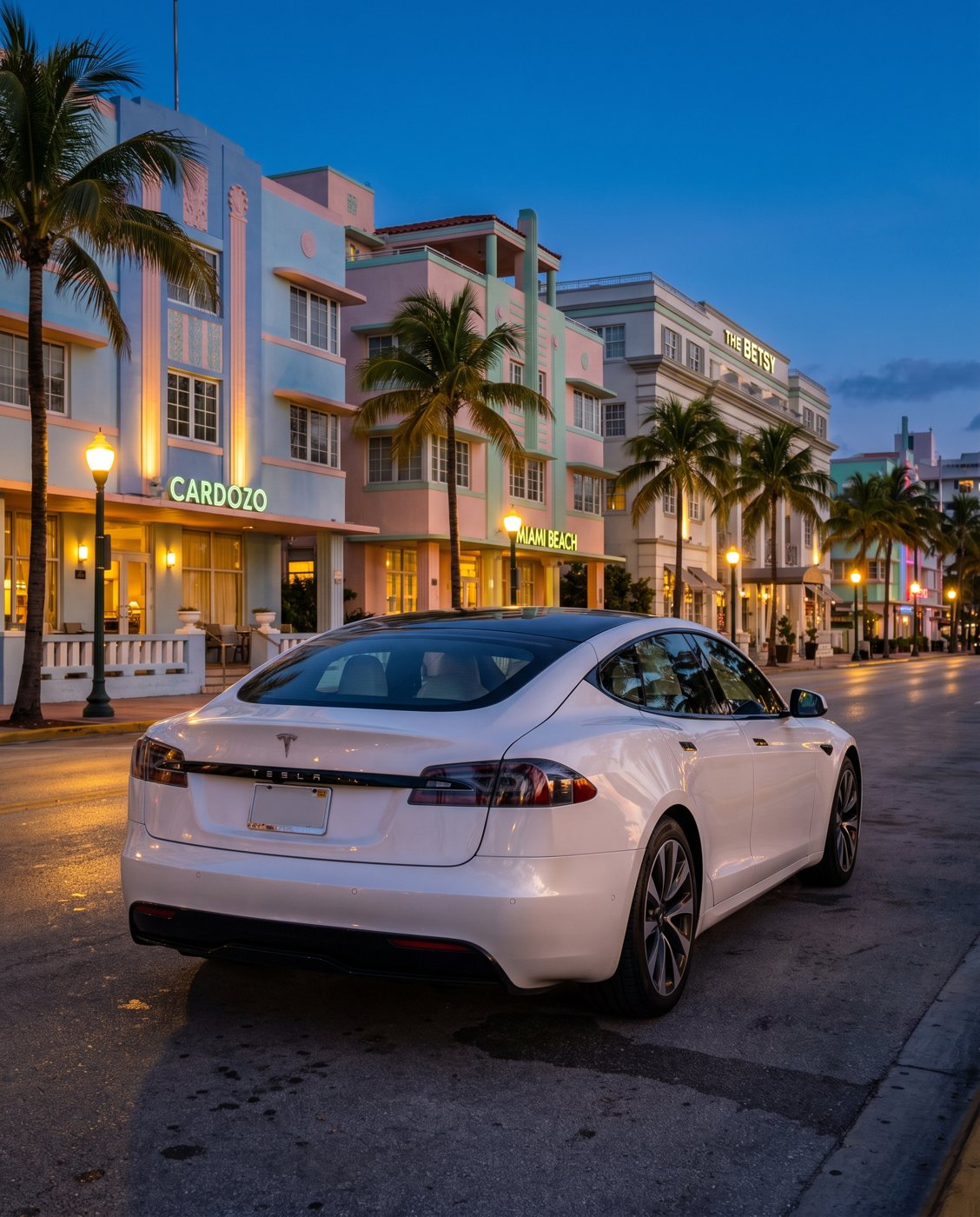 White electric sedan on a palm-lined street