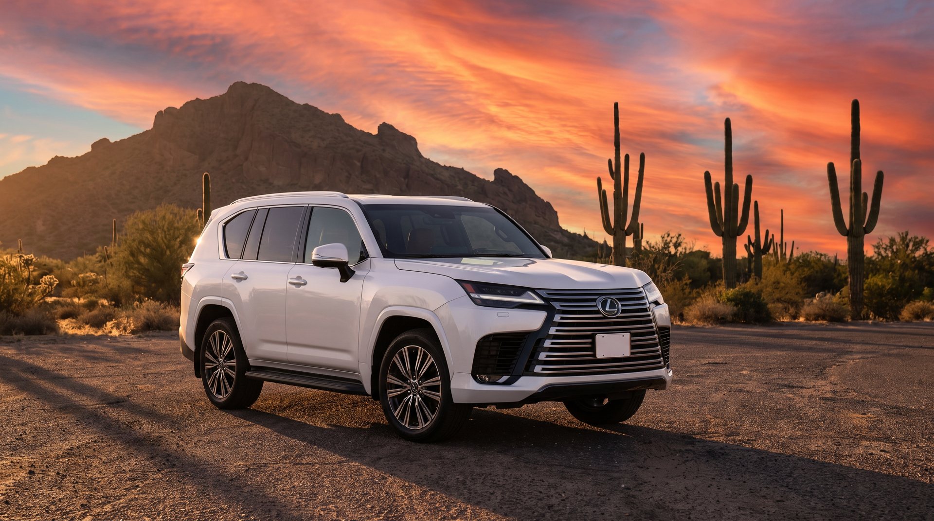 White SUV in the desert at sunset with cacti