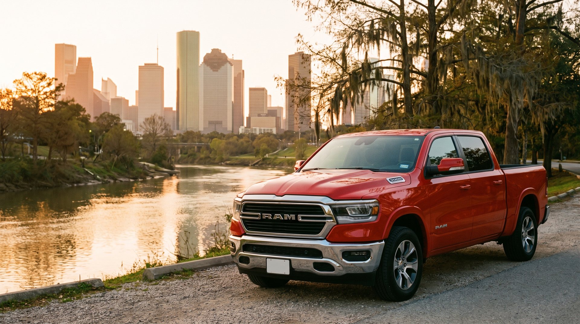 Red pickup by a bayou with a skyline behind